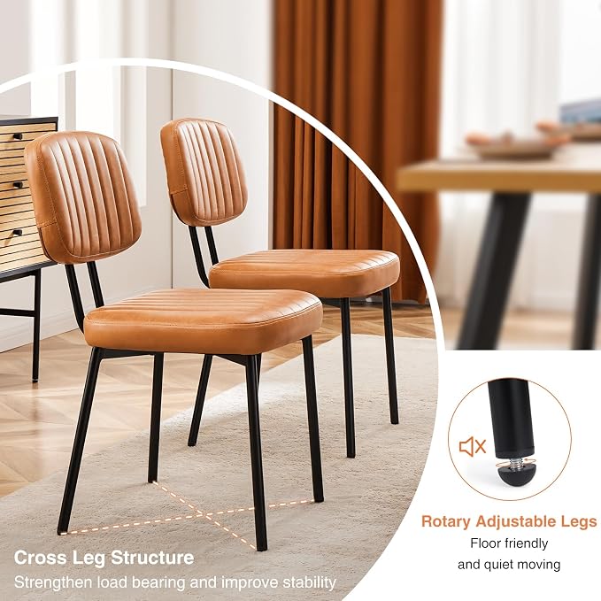 Sweetcrispy Dining Chairs Set of 2, Upholstered Mid Century Modern Kitchen Accent Chairs with Faux Leather Cushion Seat & Metal Legs for Home Office, Living Room - Brown