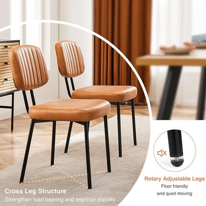 Sweetcrispy Dining Chairs Set of 2, Upholstered Mid Century Modern Kitchen Accent Chairs with Faux Leather Cushion Seat & Metal Legs for Home Office, Living Room - Brown