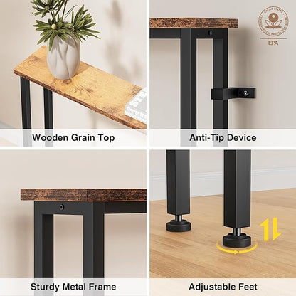 Keelian 90" Narrow Sofa Table - 2 Power Outlets & 4 USB Ports, Metal Frame,Perfect for Hallway, Office, and Behind Sofa - Easy Assembly, 4.9ft Extension Cord Included Rustic Brown