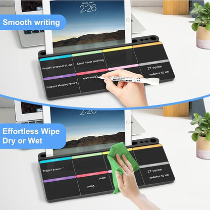 Desktop Glass Whiteboard with Storage, Colorful Weekly Calendar Desk Dry Erase White Board, Desk Organizers and Accessories, Weekly Planner with Notes for List, Planning, Memo, Office, Home, School