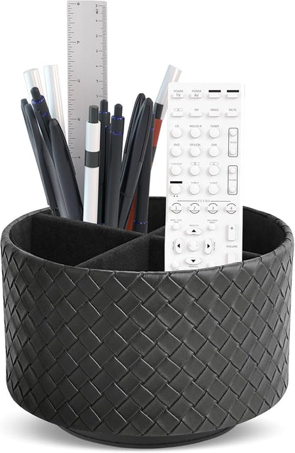 Round Leather Art Supply Organizer,Remote Control Holder,360 Degree Spinning,Multi-Functional Pencil Holder,4 Compartments Desktop Stationary Organizer(1-Weave Black)