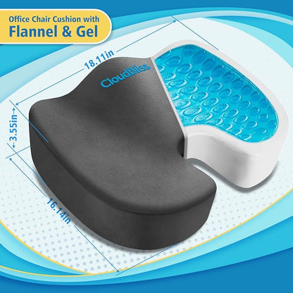 CloudBliss Gel Seat Cushion - Cooling Gel Enhanced, Memory Foam, Ergonomic Seat Cushion for Long Sitting for Office, Game, Car, Airplane (X-Large, Grey)