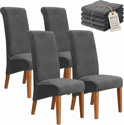 Deisy Dee Stretch XL/Oversized Extra Large Velvet Dining Room Chair Covers for Kitchen Dining，Removable Washable Chair Protectors Slipcovers (Grey, 4)