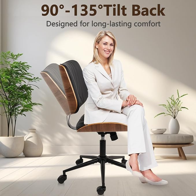 CLATINA Armless Home Office Chair, Desk Chair with Wheels, Adjustable Height Reading Chair, Leather Mid Back & Swivel Computer Chair, Modern Walnut Chairs with Back for Study Meeting Room(Black) 2Pack