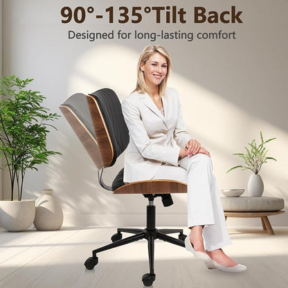 CLATINA Armless Home Office Chair, Desk Chair with Wheels, Adjustable Height Reading Chair, Leather Mid Back & Swivel Computer Chair, Modern Walnut Chairs with Back for Study Meeting Room(Black) 2Pack