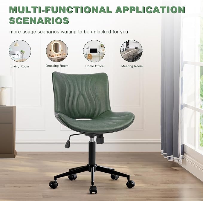 Armless Office Chair, Height Adjustable Desk Chair with Wheels, Ergonomic Comfy 360° Swivel Home Office Computer Task Chair, Faux Leather Padded Cute Vanity Chair,Green