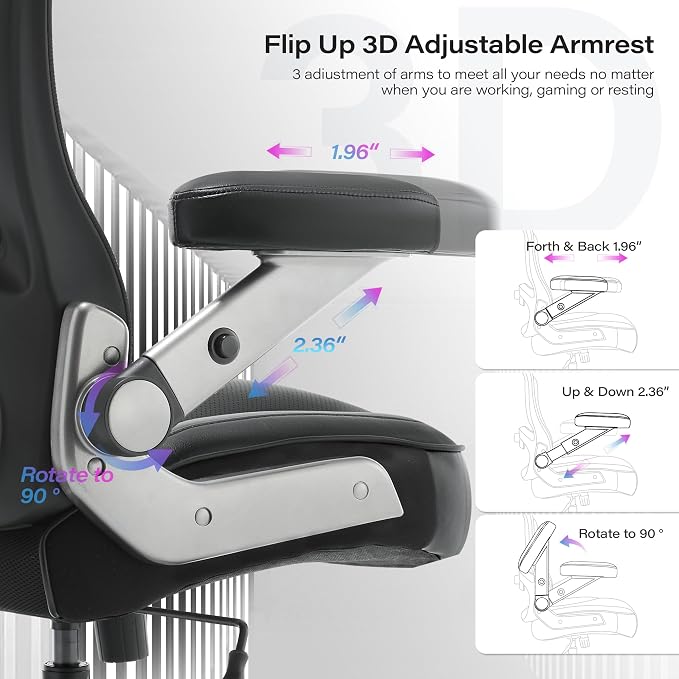 Big and Tall Office Chair 600lbs with 3D Flip Arms Adjustable Headrest - Heavy Duty Large Wheels Executive Computer Desk Chair, Ergonomic Lumbar Support Mesh High Back Plus Size Chair for Adults