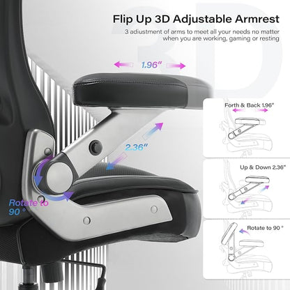 Big and Tall Office Chair 600lbs with 3D Flip Arms Adjustable Headrest - Heavy Duty Large Wheels Executive Computer Desk Chair, Ergonomic Lumbar Support Mesh High Back Plus Size Chair for Adults