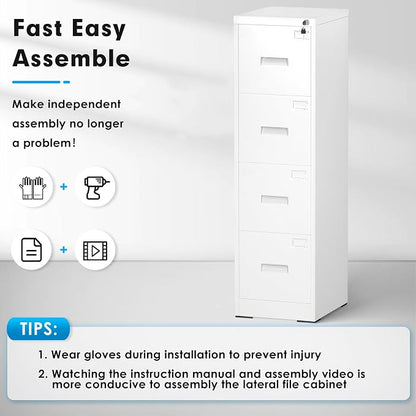 Pataku 4 Drawer File Cabinet with Lock, Sturdy Metal Vertical Filing Cabinets for Home Office, Under Desk Paperwork Storage Fully Extendable Slides Letter Legal A4 Size 18x15x52 Inches, White