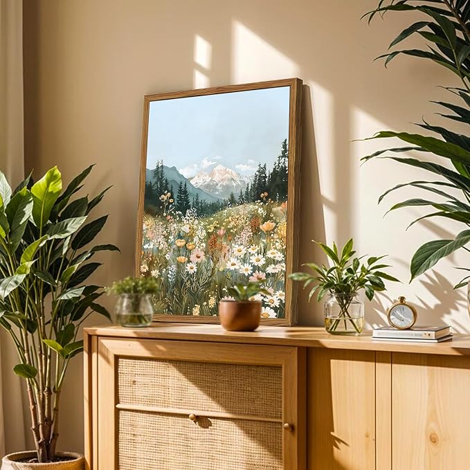 Framed Boho Landscape Wall Art, Colorful Floral Mountain Pictures Wall Decor, Vintage Wildflower Nature Paintings Canvas Prints Rustic Home Decor for Living Room Bedroom Office 16x24 inch