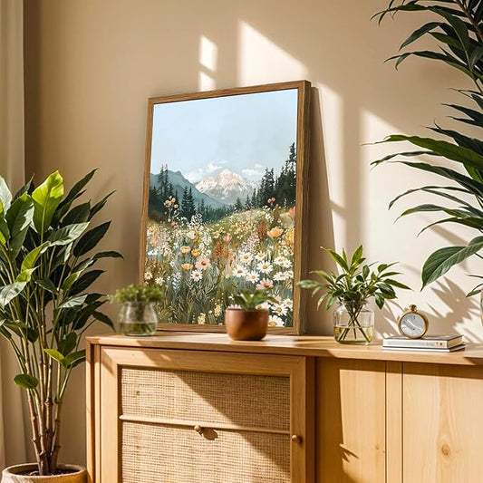 Framed Boho Landscape Wall Art, Colorful Floral Mountain Pictures Wall Decor, Vintage Wildflower Nature Paintings Canvas Prints Rustic Home Decor for Living Room Bedroom Office 16x24 inch