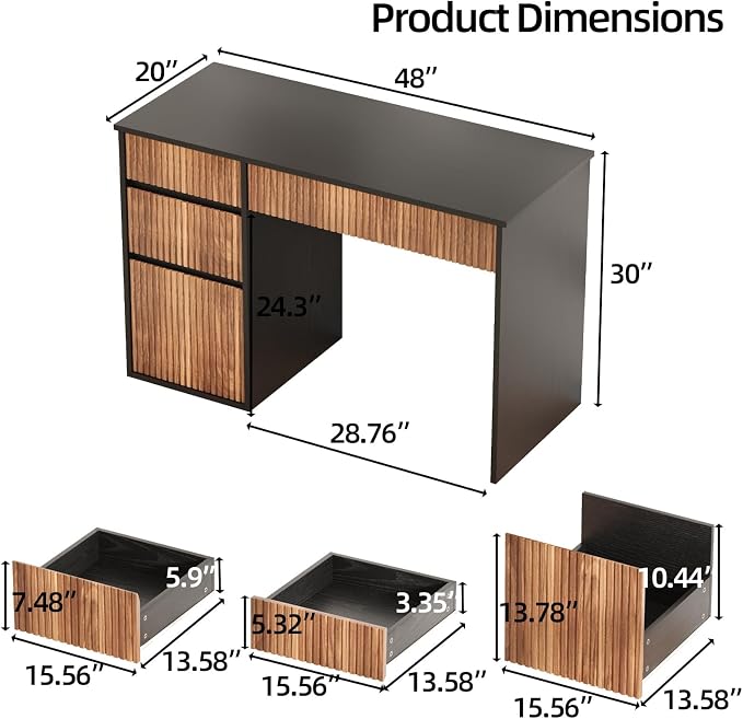 4 EVER WINNER Computer Desk with Drawers, 48 Inch Fluted Small Desk with Storage for Small Spaces, Wood Home Office Desk for Study, Living Room, Bedroom, Black