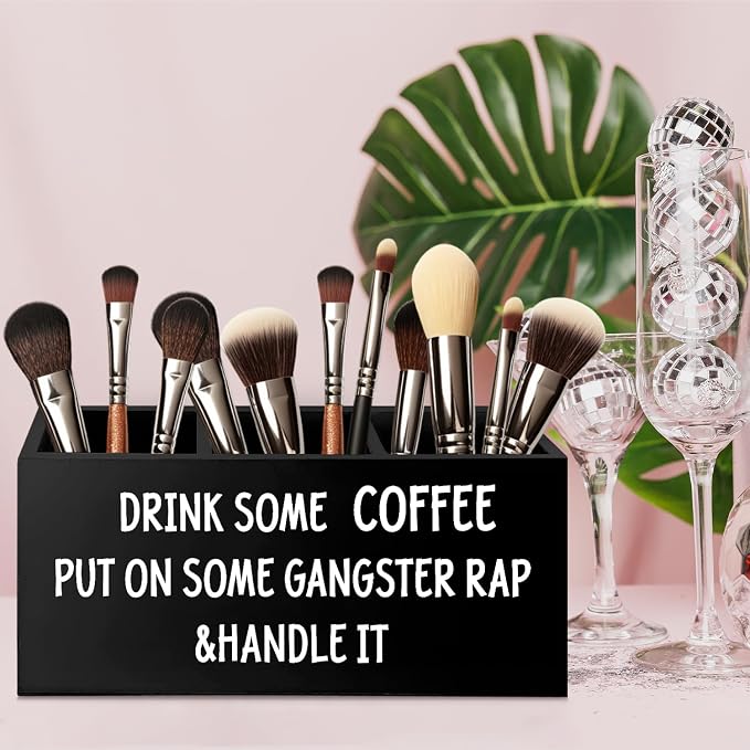 Funny Coffee Wooden Pen Pencil Holder for Office Desk Accessories, Inspirational Gifts for Coworkers Coffee Lovers Women Men Friends, Humorous Quote Makeup Brush Toothbrush Holder Organizer