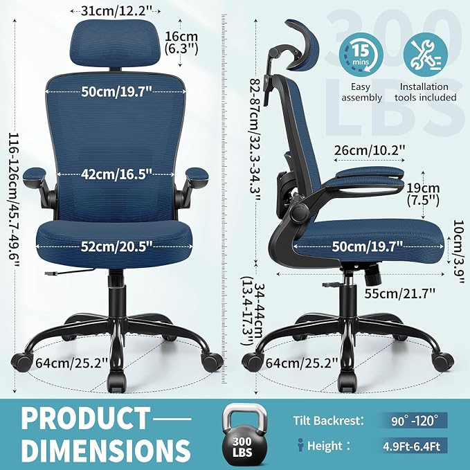 FelixKing Office Chair, Desk Chair with Adjustable Lumbar Support, Ergonomic Computer Chair with High Back and Armrest, Adjustable Height Gaming Chair Home Office Swivel Chair(Navy)