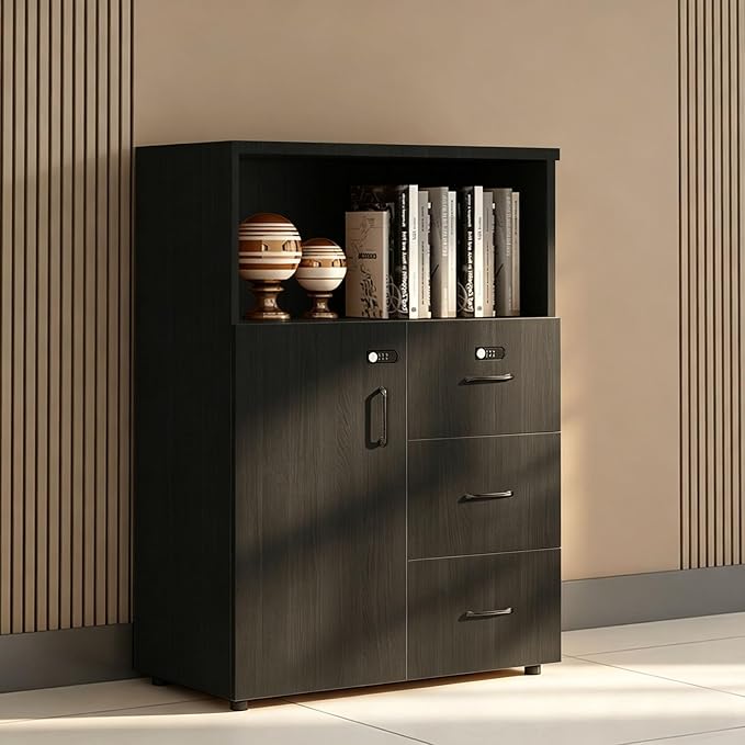 File Cabinet with Password Lock, Wood Lateral Filing Cabinet for Letter/A4 Files, 3 Drawer with Door, Printer Stand with Open Shelves for Home Office