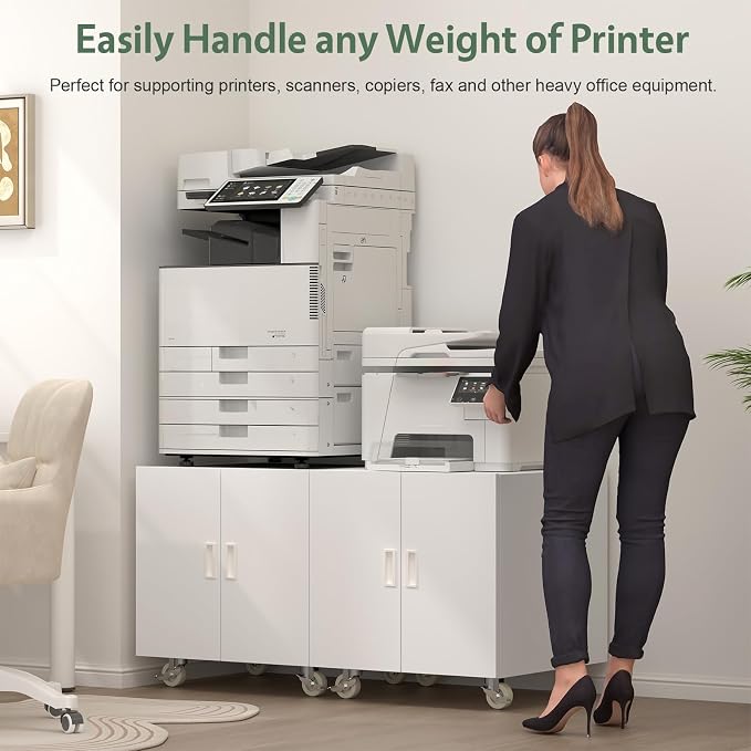 Metal Printer Stand, Rolling Table for Printers, Large Printers Table with Storage, Office Printer Stand for Copier, Fax, Heavy Duty Stands with Shelf for School, Workplace, White