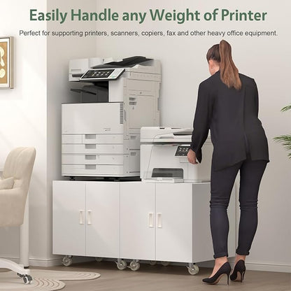 Metal Printer Stand, Rolling Table for Printers, Large Printers Table with Storage, Office Printer Stand for Copier, Fax, Heavy Duty Stands with Shelf for School, Workplace, White