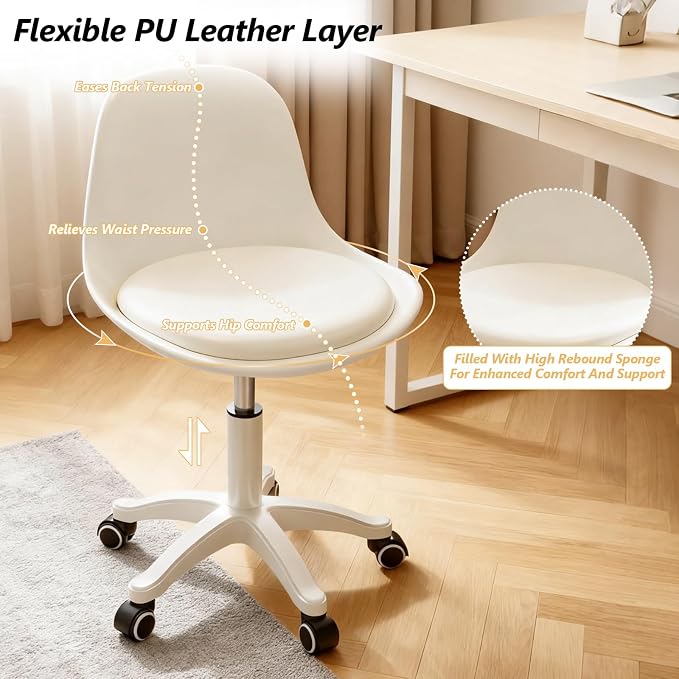 Home Office Chairs, Small Swivel Rolling Desk Chair with Silent Wheels and Low-Back,Armless Heavy-Duty Vanity Chair Height Adjustable for Bedroom,Students,Study,Teens