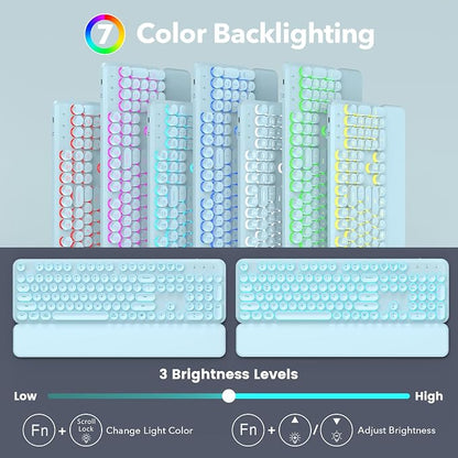 Wireless Keyboard and Mouse Combo, Backlit Round Keycaps, Retro Typewriter Keyboard with Detachable Wrist Rest, Rechargeable & Tilt Legs, 2.4GHz Cordless Connection for Windows/PC (Glowing Blue)