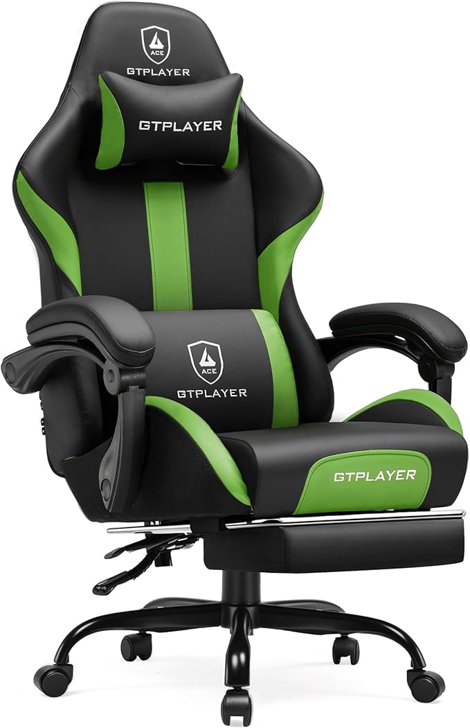 GTPLAYER Gaming Chair with Pocket Spring Cushion, Leather Office Chair with Ergonomic High Back & Lumbar Support for Back Pain Relief, Computer Game Chair for Adults, Grass Green