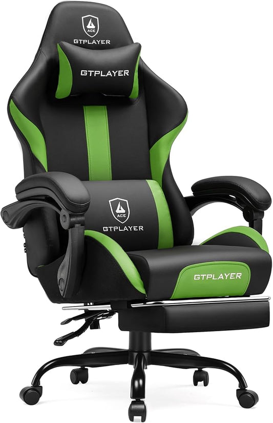 GTPLAYER Gaming Chair with Pocket Spring Cushion, Leather Office Chair with Ergonomic High Back & Lumbar Support for Back Pain Relief, Computer Game Chair for Adults, Grass Green