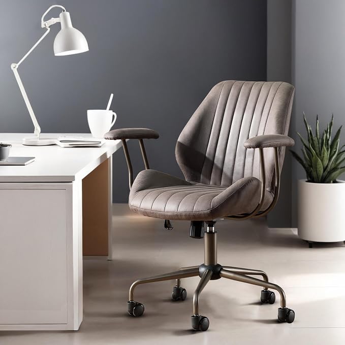 Mid Back Home Office Chair, Mid Century Modern Executive Chair, Comfy Ergonomic Rolling Office Desk Chair with Lumbar Support, Faux Leather Office Chair, Dark Gray