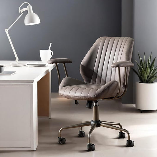 Mid Back Home Office Chair, Mid Century Modern Executive Chair, Comfy Ergonomic Rolling Office Desk Chair with Lumbar Support, Faux Leather Office Chair, Dark Gray