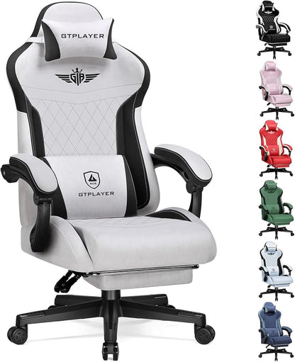 GTPLAYER Gaming Chair with Footrest, Big and Tall Game Chair High Back Computer Office Chair with Lumbar Support for Adults, Ergonomic Swivel Games Chair with Cushion Gaming, Fabric Grey