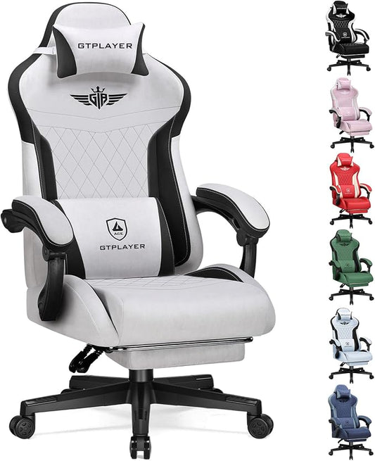 GTPLAYER Gaming Chair with Footrest, Big and Tall Game Chair High Back Computer Office Chair with Lumbar Support for Adults, Ergonomic Swivel Games Chair with Cushion Gaming, Fabric Grey
