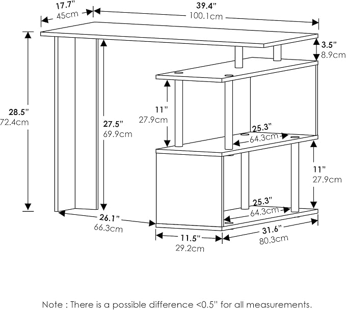 Furinno Moore L-Shape Computer Desk with 3-Tier Shelves, Americano