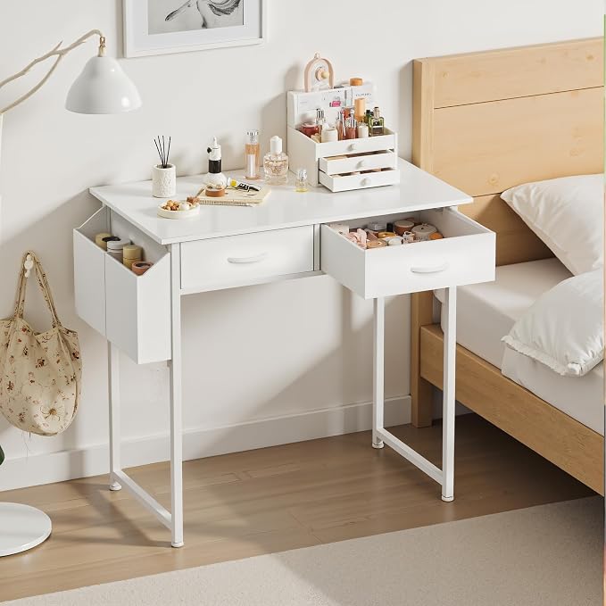 OLIXIS 32 Inch Small Desk with Fabric Drawers for Home Office, Gaming Computer Desk with Side Bag & Headphone Hook, Writing Study Work Table for Bedroom Small Space, White