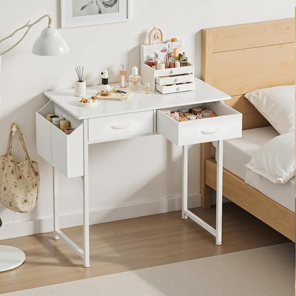 OLIXIS 32 Inch Small Desk with Fabric Drawers for Home Office, Gaming Computer Desk with Side Bag & Headphone Hook, Writing Study Work Table for Bedroom Small Space, White