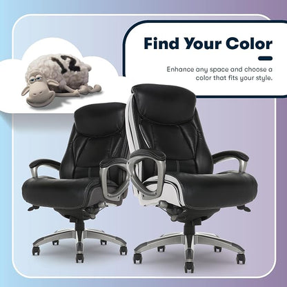 Serta® Lautner Executive Home Office Desk Chair, Ergonomic High-Back with Adjustable Lumbar and Body Pillows, SmartLayers™ and ComfortCoils® Technology, Mesh and Bonded Leather, Black and White