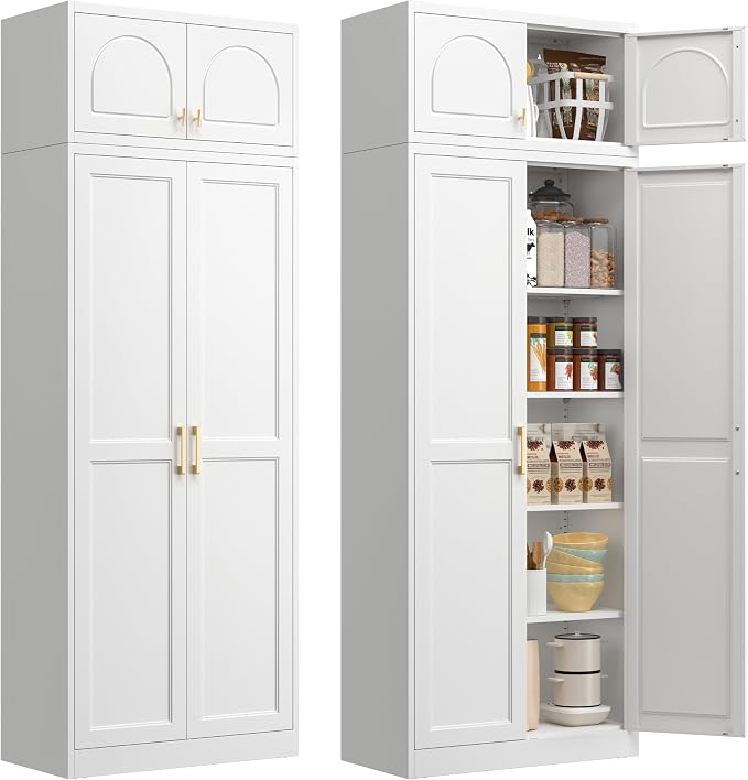Polup Kitchen Pantry Cabinet, 86 Inch Tall Metal Storage Cabinet, Food Pantry cabinets with Doors and Shelves, White Storage Cabinets for Living, Dining, Office, Bathroom, Garage, Assembly Required