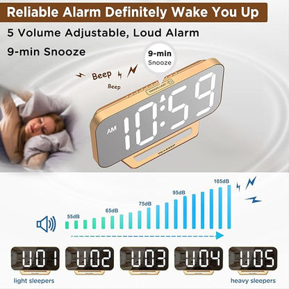 Peakeep Slim Digital Mirror Aesthetic Alarm Clock for Bedrooms Desk Decor - Plug in Electric Big LED Modern Small Clock for Office Living Room, Battery Backup, 6 Dimmers (Gold)