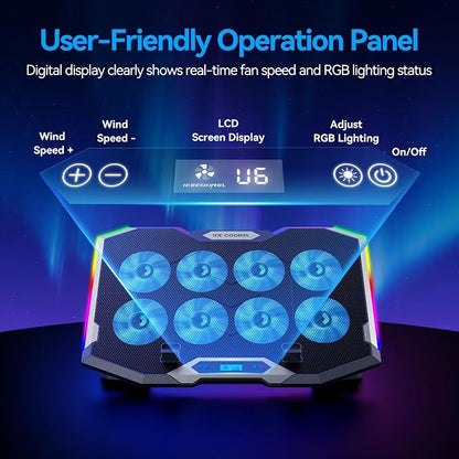 ICE COOREL Gaming Laptop Cooling Pad with 8 Cooling Fans, Laptop Fan Cooler Pad for 15-17.3 Inch, Notebook Cooler Stand with 6 Height Adjustable, RGB Cooling Pad with Two USB Port + Phone Stand