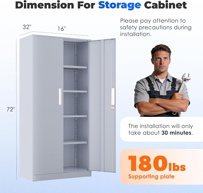 INTERGREAT Garage Storage Cabinet with Lock, 72" Metal Storage Cabinet with Locking Doors and 4 Adjustable Shelves, Lockable Tool Steel Cabinet for Home Office, School, Cement Grey