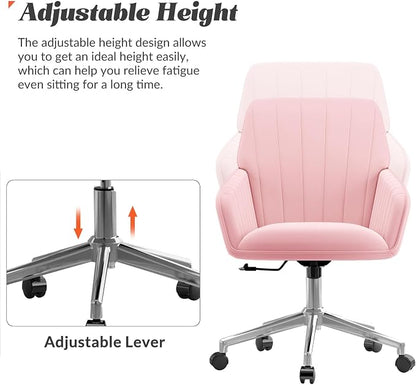 YISHENG Velvet Office Desk Chair with Silver Base, with Wheels,Modern Height Adjustable 360 Degree Swivel Upholstered Vanity Chairs with Arms for Living Room Bedroom,Pink