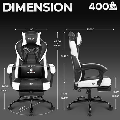 N-GEN GAMING Gaming Chair Big and Tall Computer Heavy Duty Office Desk Chair with Footrest Ergonomic Lumbar Support High Back Recliner for Adults (White)