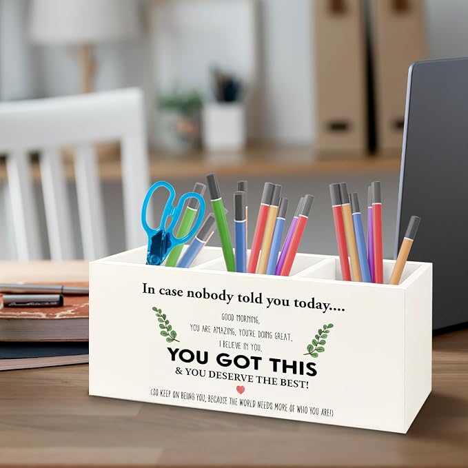 Inspirational Gifts Wooden Pen Pencil Holder for Office Desk Accessories, Motivational Gifts for Women, Motivational Quote Makeup Brush Toothbrush Holder Organizer