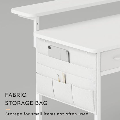 Maihail Small desk with Drawers, 31.5X15.8-22.9 Inches Office Computer Desk with Side Pocket & Ergonomic Adjustable Monitor Stand, Writing Table for Small Spaces, Kids desk, vanity desk Bedroom, White