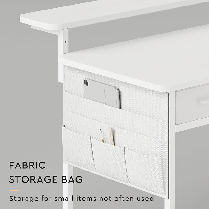 Maihail Computer Desk with Drawers, 47.2X15.8-22.9 Inches Office Computer Desk with Side Pocket & Ergonomic Monitor Stand, Writing Table for Small Spaces, Bedroom, White