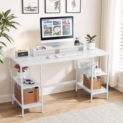 MINOSYS Computer Desk 55-inch with Storage Shelf - White Ideal Gaming Desk for Bedrooms, Small Spaces, and Home Offices Modern Writing Desk for PCs.