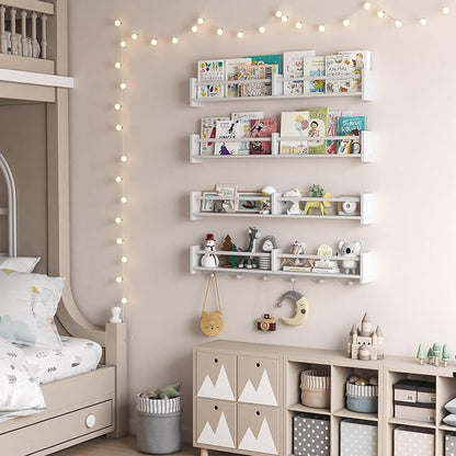 34Inch Nursery Bookshelves,Set of 4,Wall Floating Shelf Kids Coat Rack with 6Hooks,Hanging Book Shelf for Baby Nursery Room Décor ，Patent Number: 29958098(White, 34)