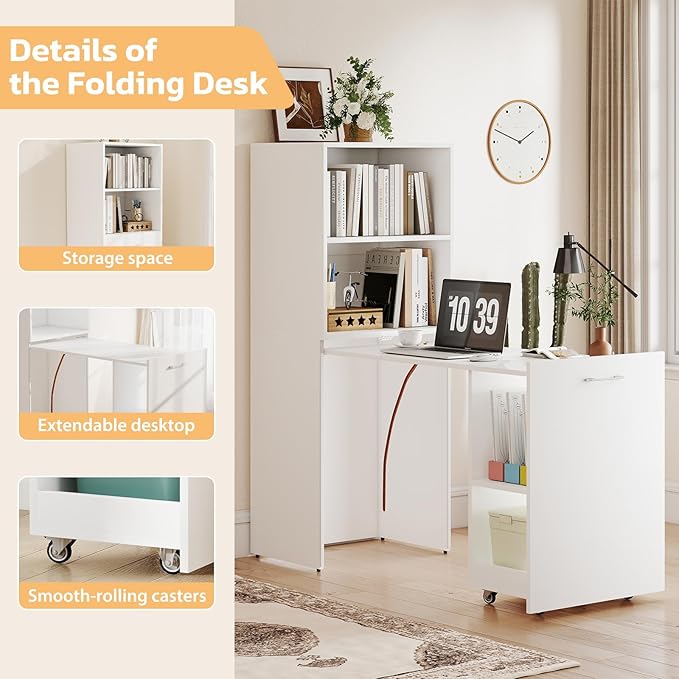 Zevemomo Folding Desk with Storage, Convertible Table with Shelves & Wheels, Craft Cabinet with Fold Out Table, Compact Computer Desk for Small Space, Reversible L Shaped Desk - White