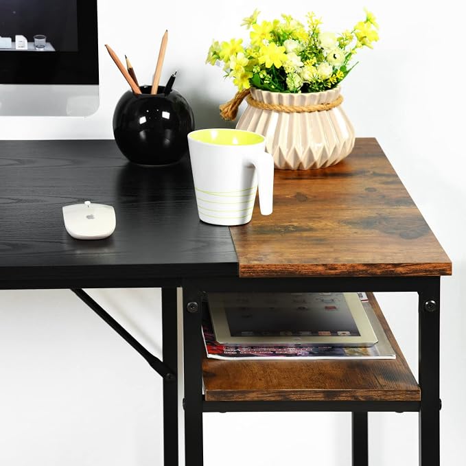 FurnitureR 47.2 inch Study Writing Table with Storage Shelves Space Saving for Home Office, Modern Simple Style PC Metal Frame Computer Desk, Black&Brown