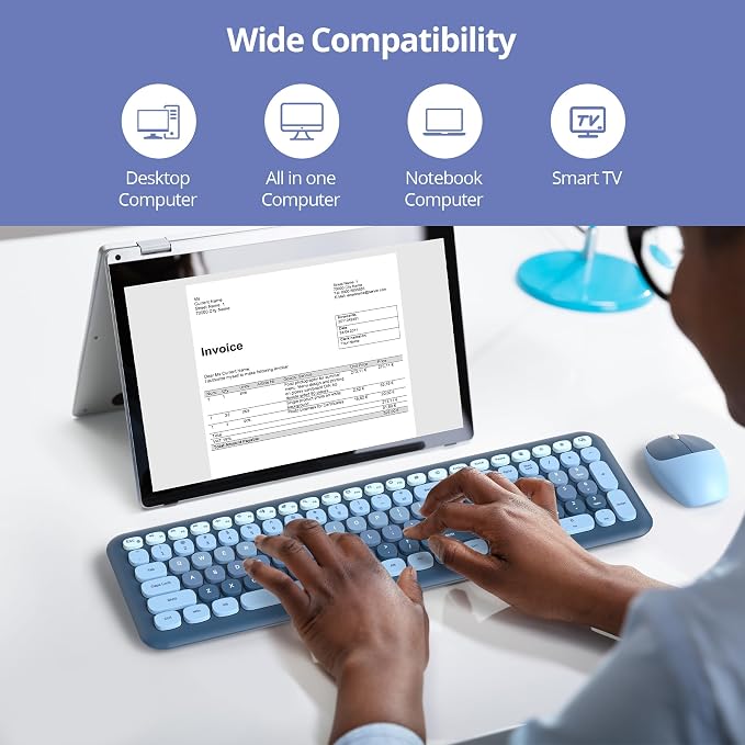 Surmen Cute Colorful Keyboard and Mouse Wireless Silent, Full-Size Retro Typewriter Wireless Quiet Slim Keyboard Low-Noise 2.4GHz for Computer, Desktop, Laptop(6-Ocean Blue)