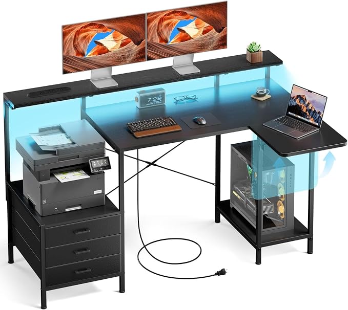 HLDIRECT 55 Inch Computer Desk for Home Office, Gaming Computer Desk with Printer Shelf, Storage Drawers, Power Outlets, Monitor Stand & LED Strip, Foldable L Shaped Gaming Table (Black)