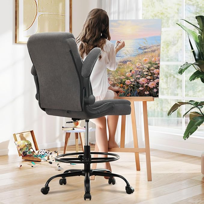 Drafting Chair Tall Office Chair for Standing Desk, Ergonomic Tall Desk Chair with Adjustable Foot Ring, Flip-Up Armrests, Lumbar Support, Swivel Rolling Task Chair for Home Office