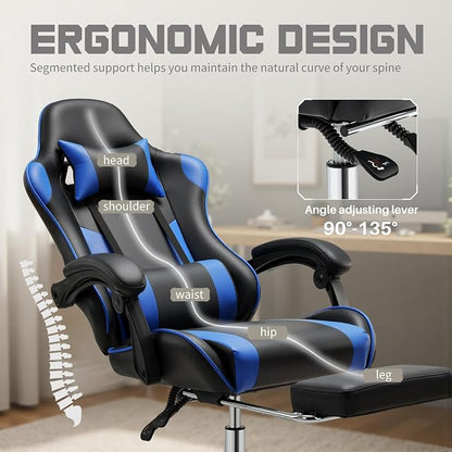 NEWBULIG Gaming Chair with Footrest – Ergonomic High-Back with Lumbar & Headrest Support, Comfy PU Leather Recliner with Linkage Armrests, Adjustable Height, 360° Swivel, Blue